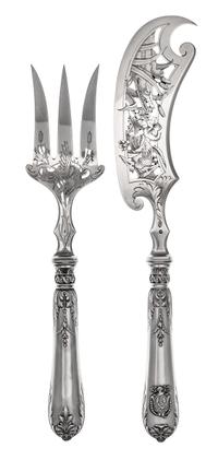 Two French Silver Fish Serving Articles, Paul Tallois, Paris, 19th Century, the openwork decorated slice and fork worked with nautical