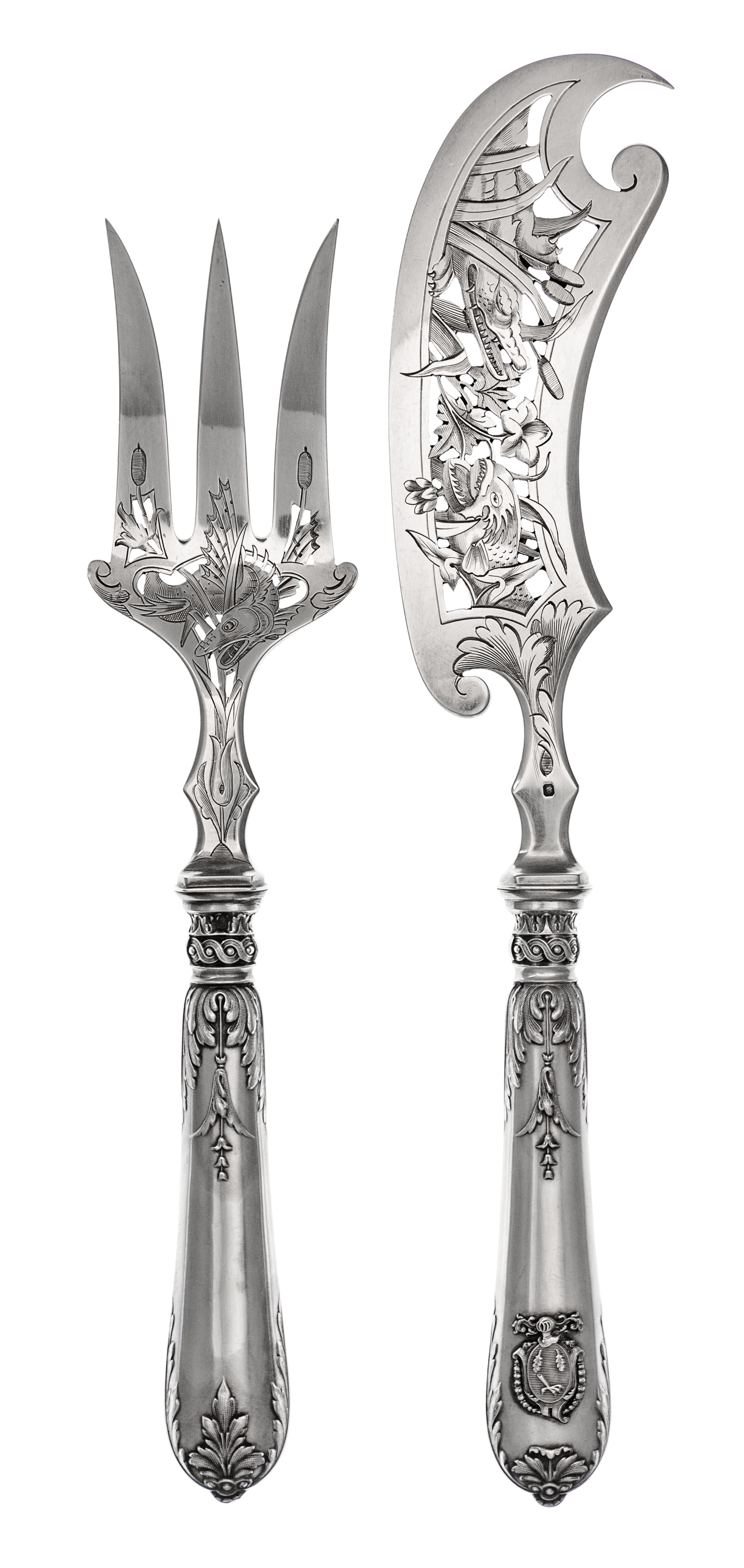 Two French Silver Fish Serving Articles, Paul Tallois, Paris, 19th Century, the openwork decorated slice and fork worked with nautical