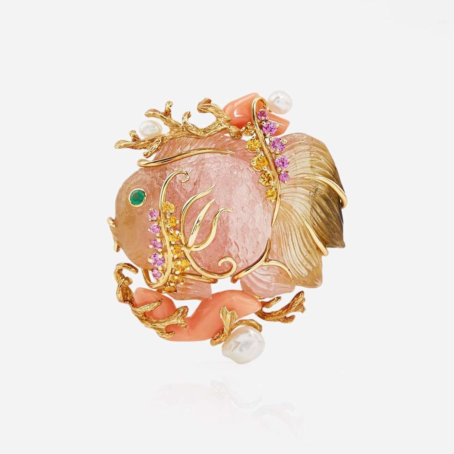 A Seaman Schepps Carved Tourmaline Gem-Set Tropical Fish Pin