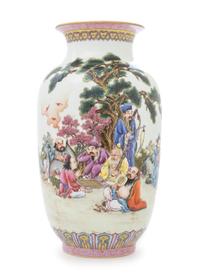 A Famille Rose Porcelain Baluster Vase Height 13 1/2 inches.