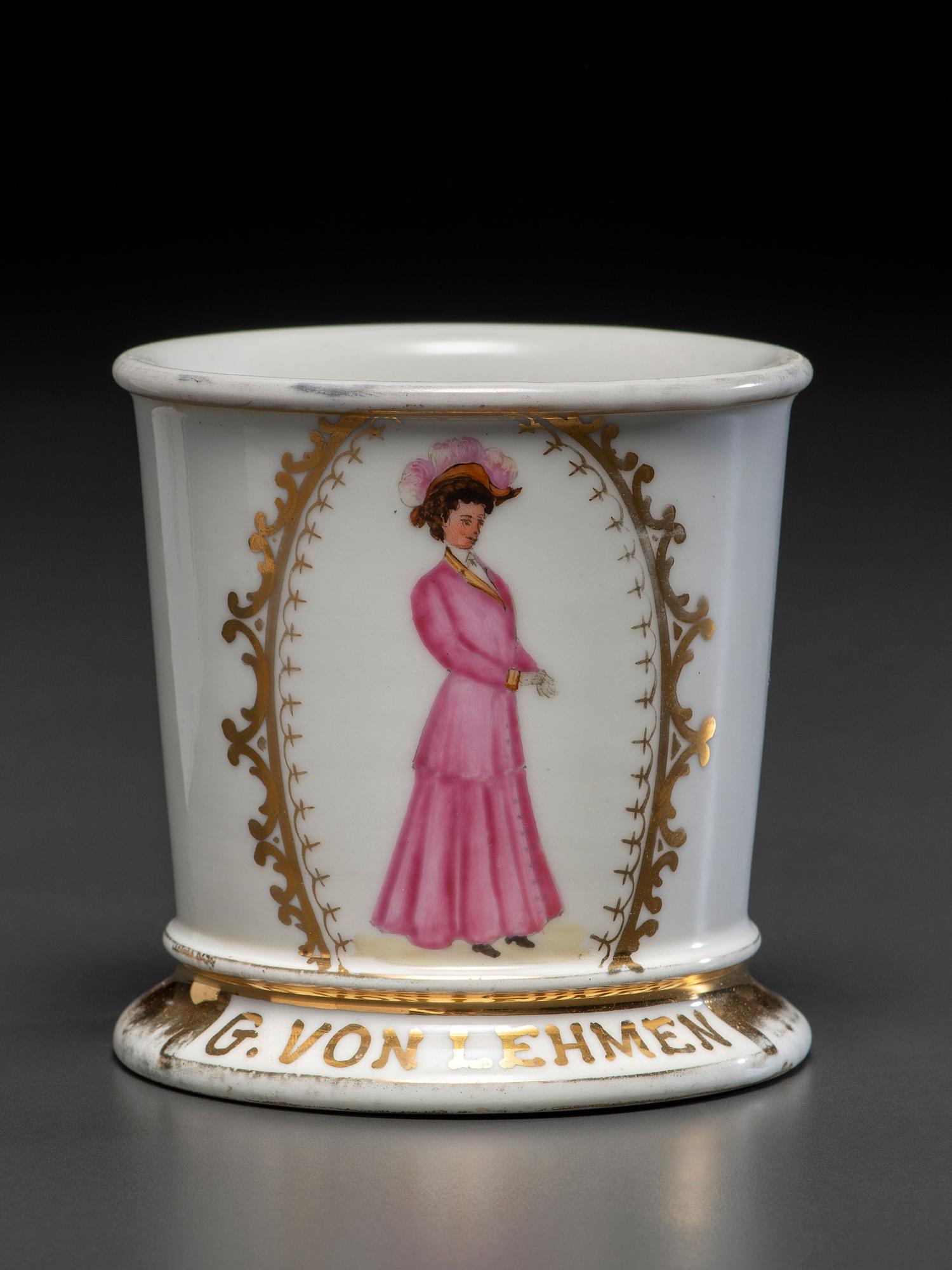 A Porcelain Shaving Mug Depicting a Fashionable Lady