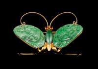 A Jadeite and 14 Karat Gold Butterfly Brooch 19TH/20TH CENTURY Width 2 1/4 inches. — 19TH/20TH CENTURY