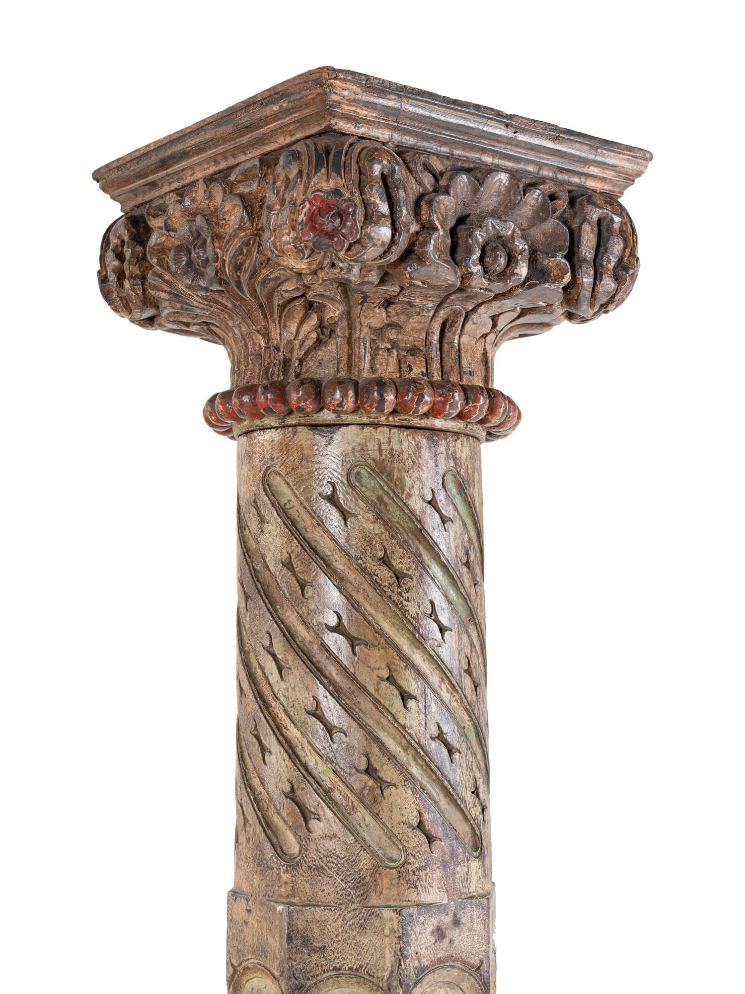 A Pair of Continental Carved and Painted Wood Columns