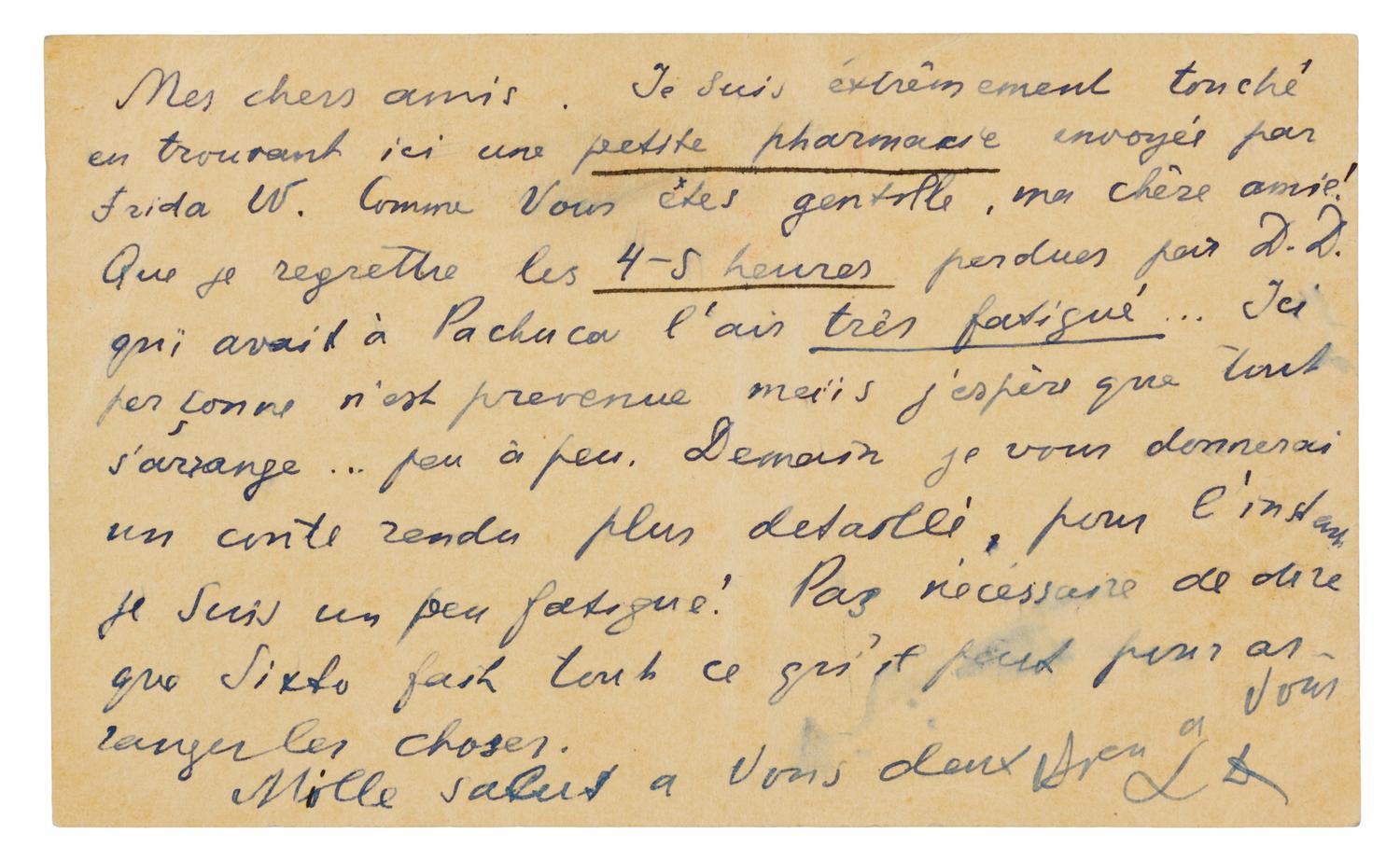 TROTSKY, Leon (1879-1940). Autograph note on correspondence card signed ("LD"), in French, to Frida Kahlo and Diego Rivera. N.p. [Mexic