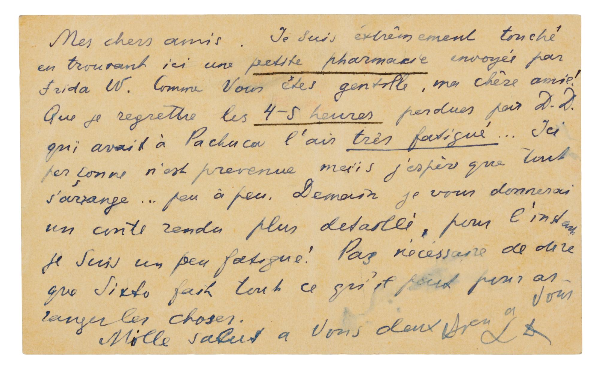TROTSKY, Leon (1879-1940). Autograph note on correspondence card signed ("LD"), in French, to Frida Kahlo and Diego Rivera. N.p. [Mexic