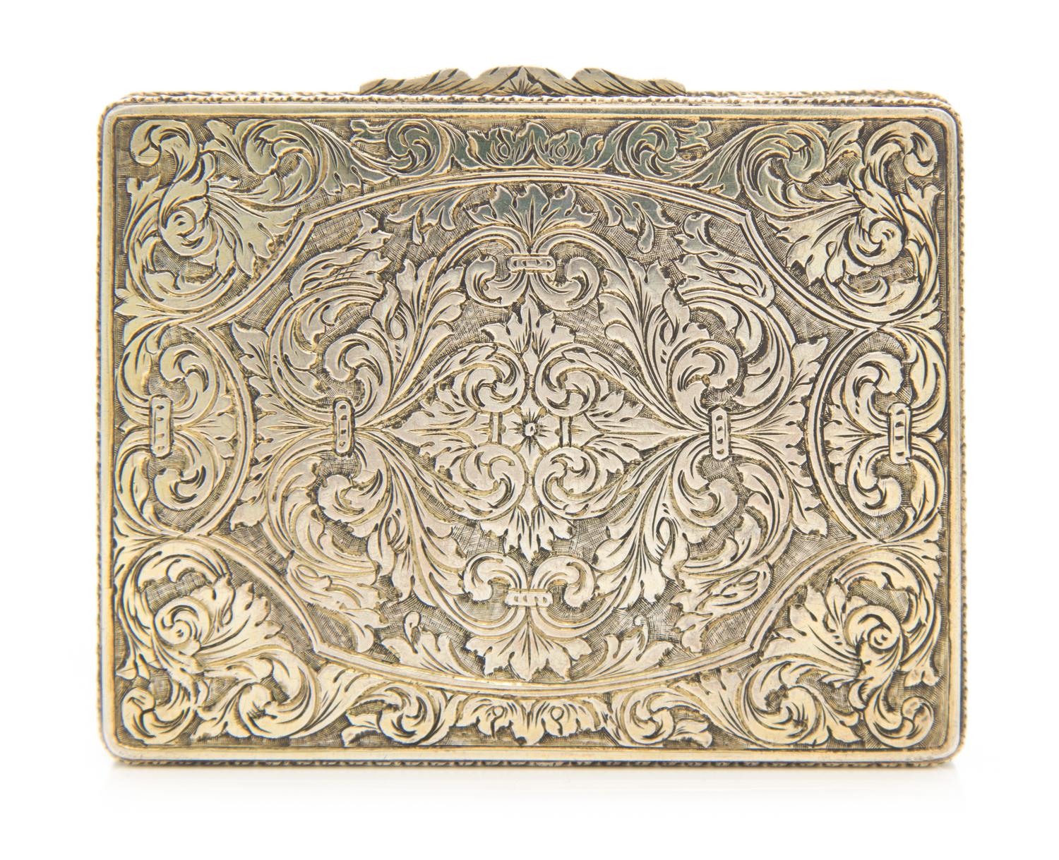 A Continental Silver Card Case, Likely German, the underside worked to show foliate volute decoration, the composite lid depicting a co