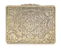 A Continental Silver Card Case, Likely German, the underside worked to show foliate volute decoration, the composite lid depicting a co