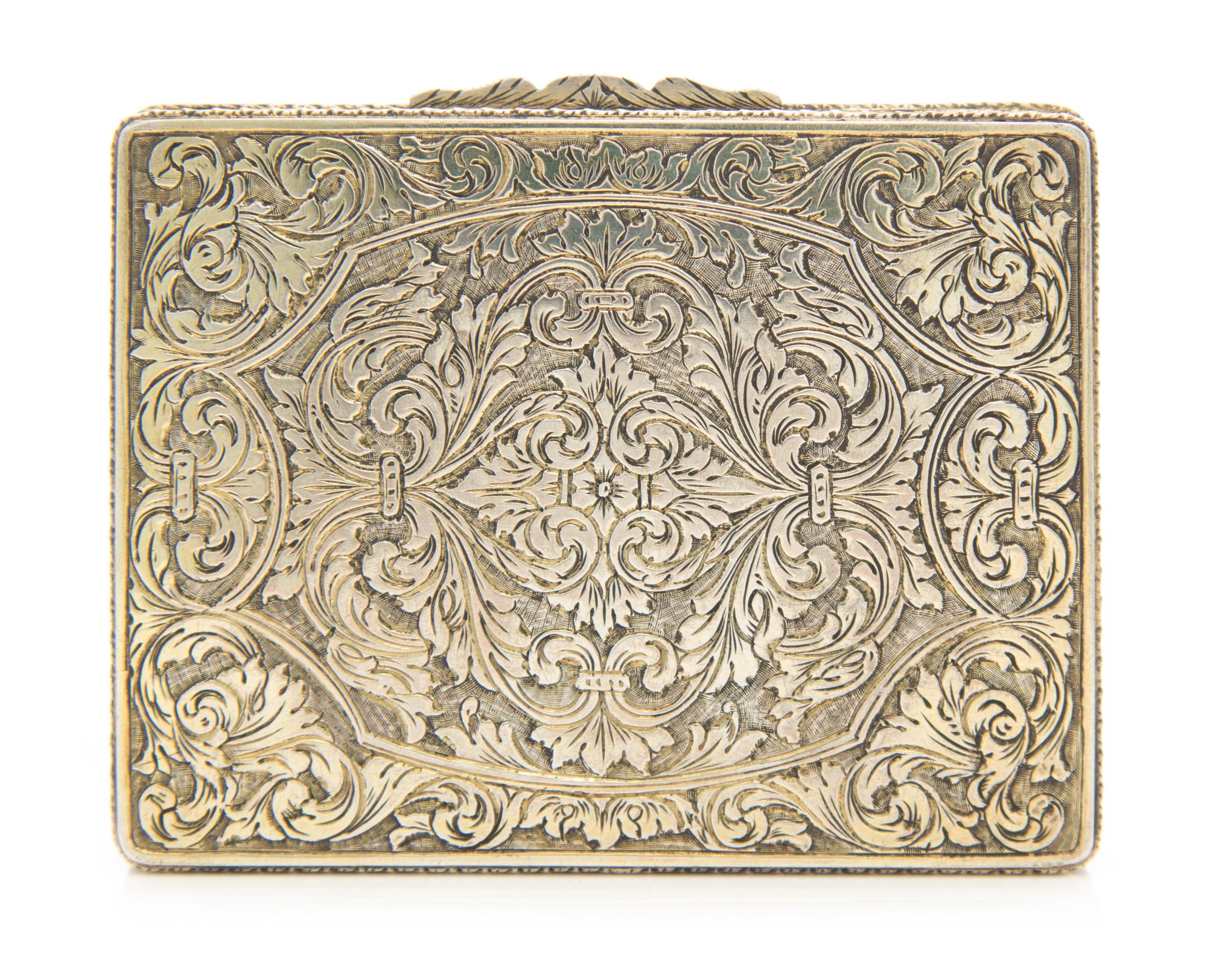 A Continental Silver Card Case, Likely German, the underside worked to show foliate volute decoration, the composite lid depicting a co