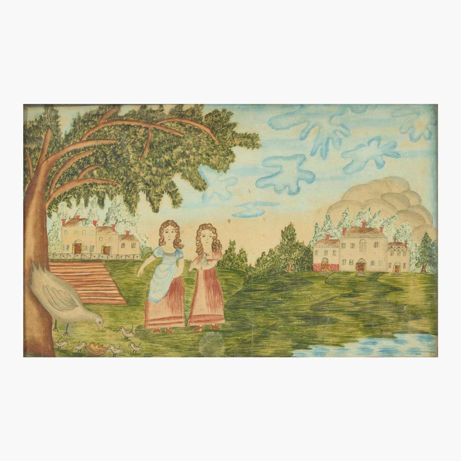 American School 19th century Two Young Girls Feeding Fowl