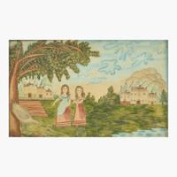 American School 19th century Two Young Girls Feeding Fowl