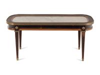 A Louis XVI Style Gilt Bronze Mounted Walnut and Marble-Inset Low Table