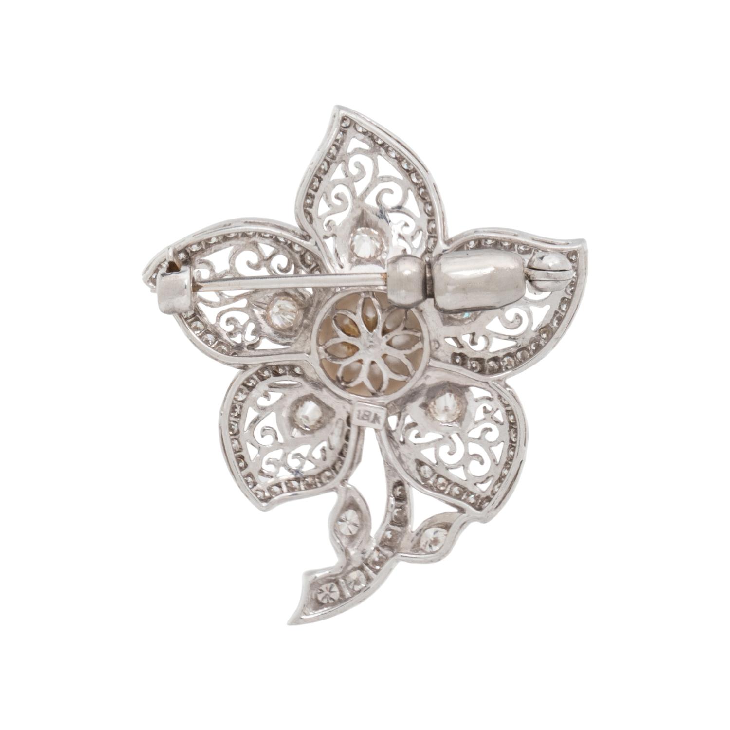 CULTURED PEARL AND DIAMOND FLOWER BROOCH