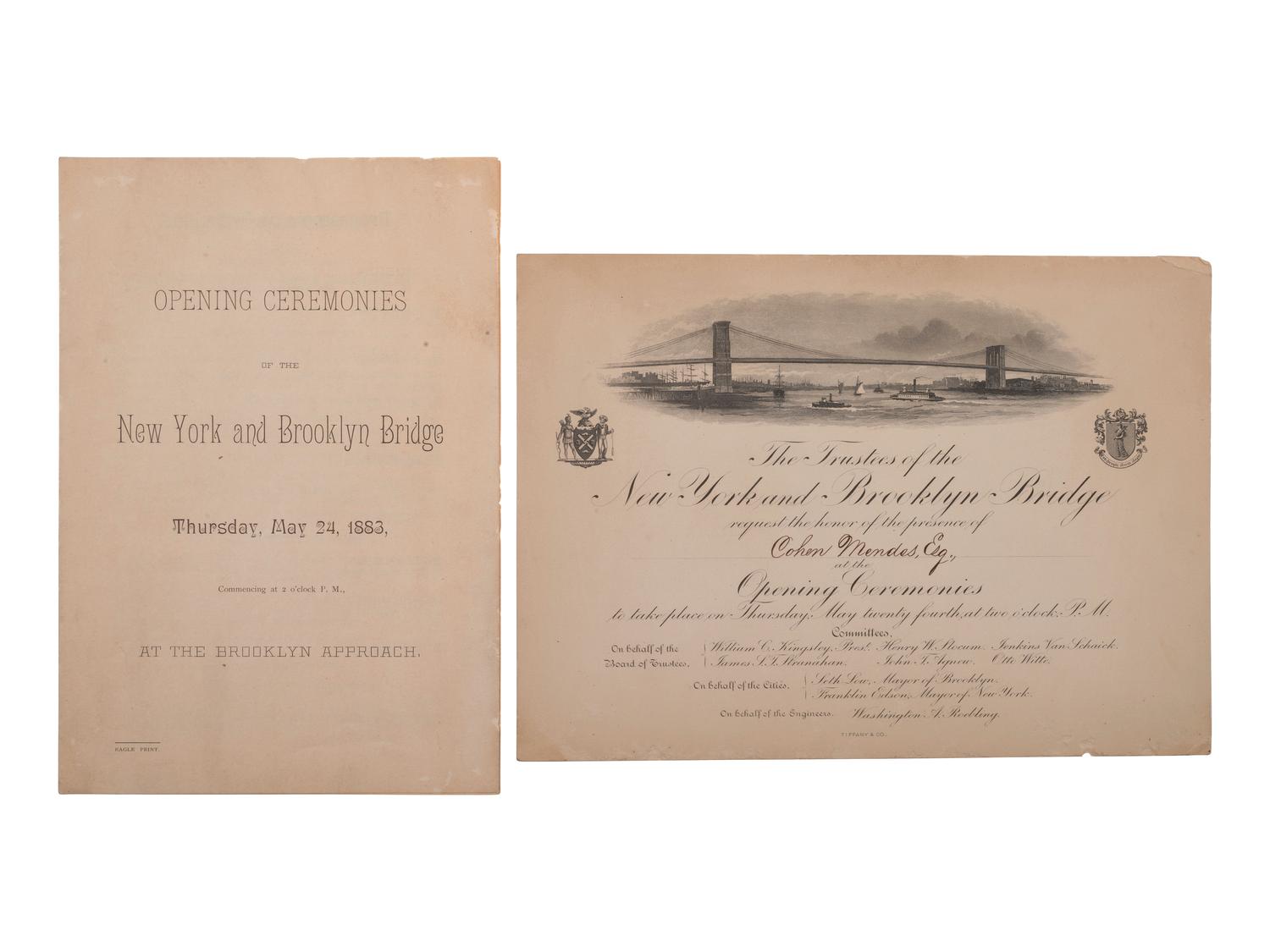 [NEW YORK]. Program and formal invitation to the "Opening Ceremonies of the New York and Brooklyn Bridge." [1883].