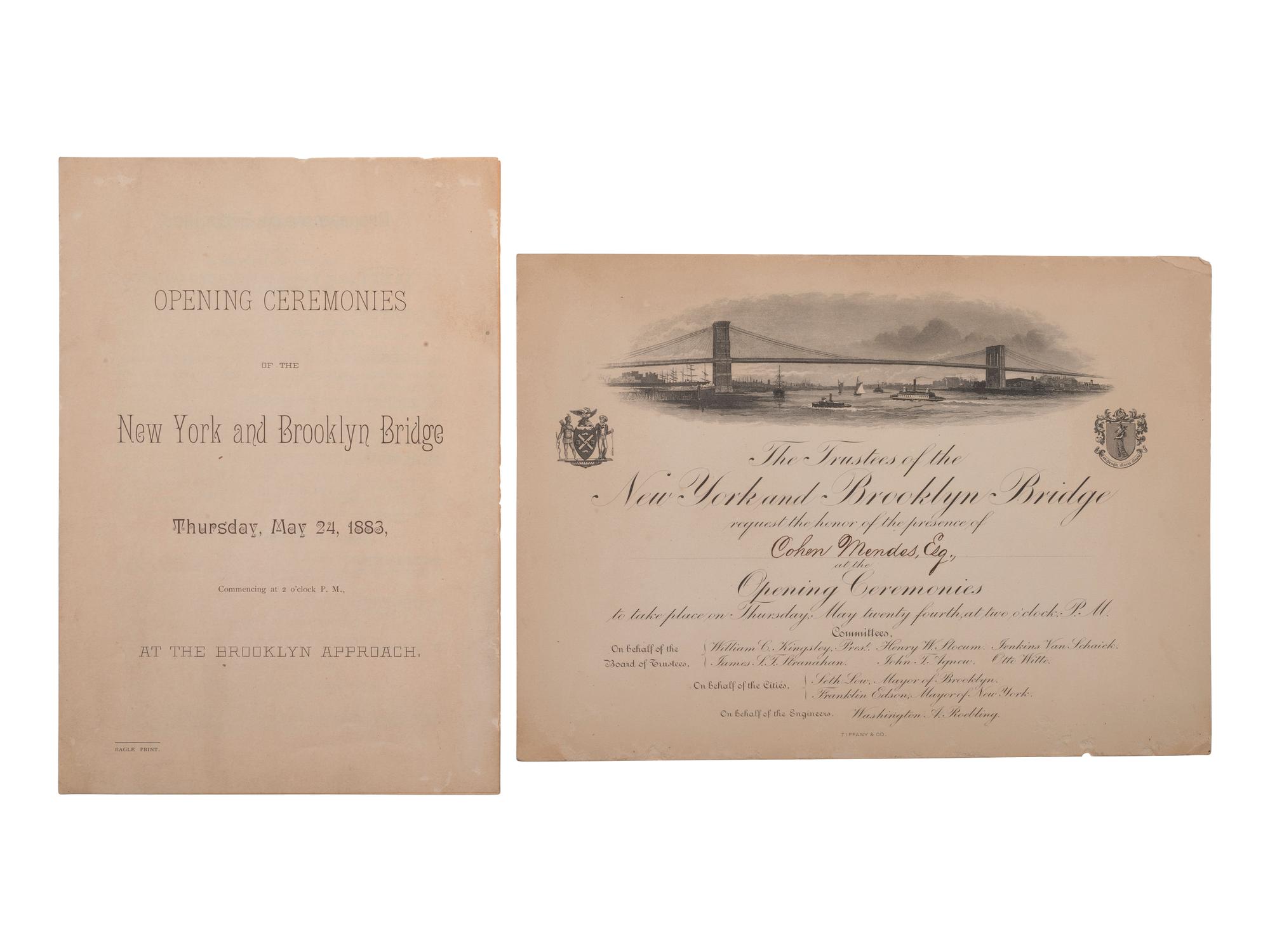 [NEW YORK]. Program and formal invitation to the "Opening Ceremonies of the New York and Brooklyn Bridge." [1883].