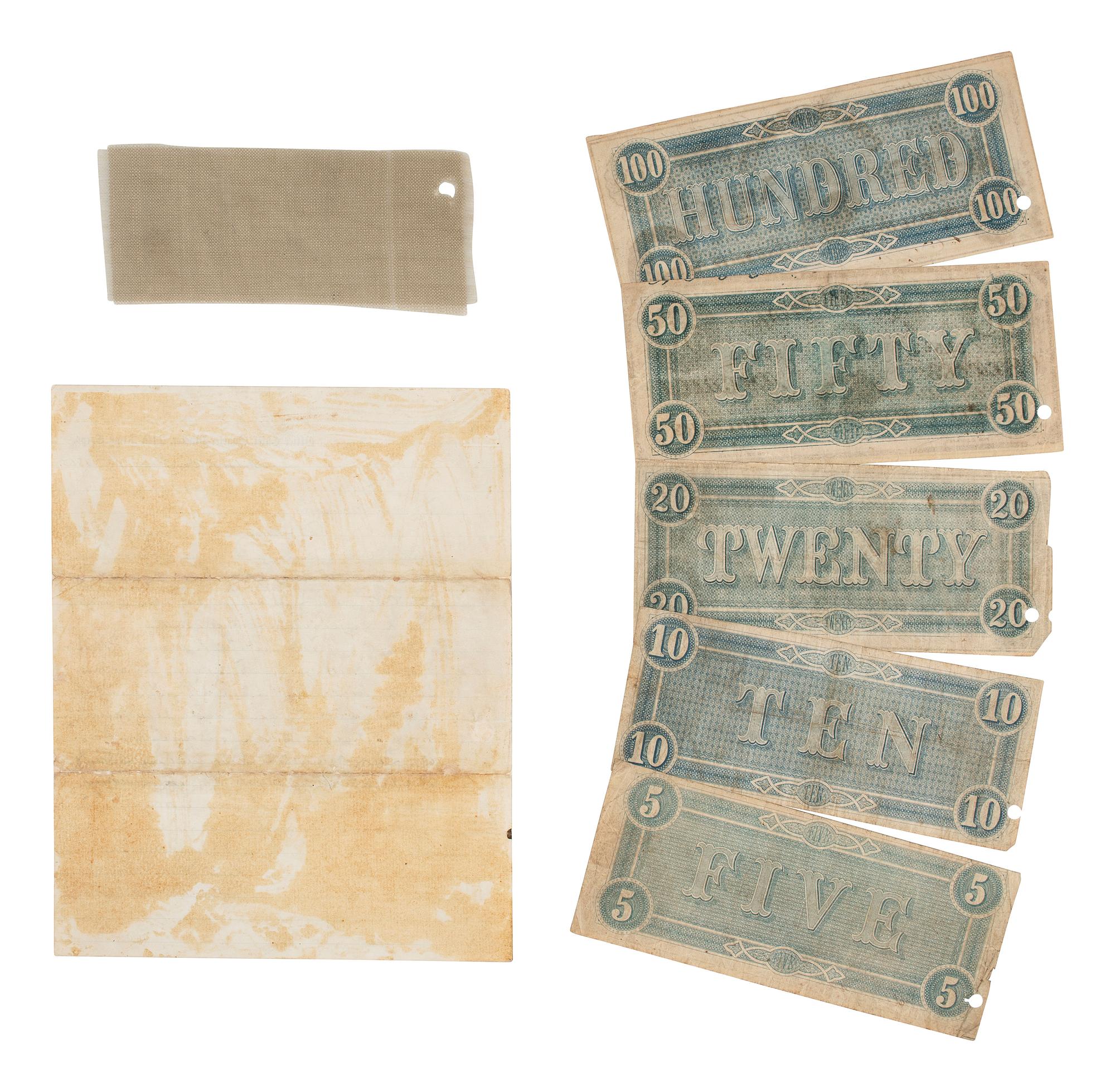 [CIVIL WAR]. Captured Confederate flag fragment from Richmond with surrendered currency and provenance letter from Lt. Col. A.B. Lawrence.