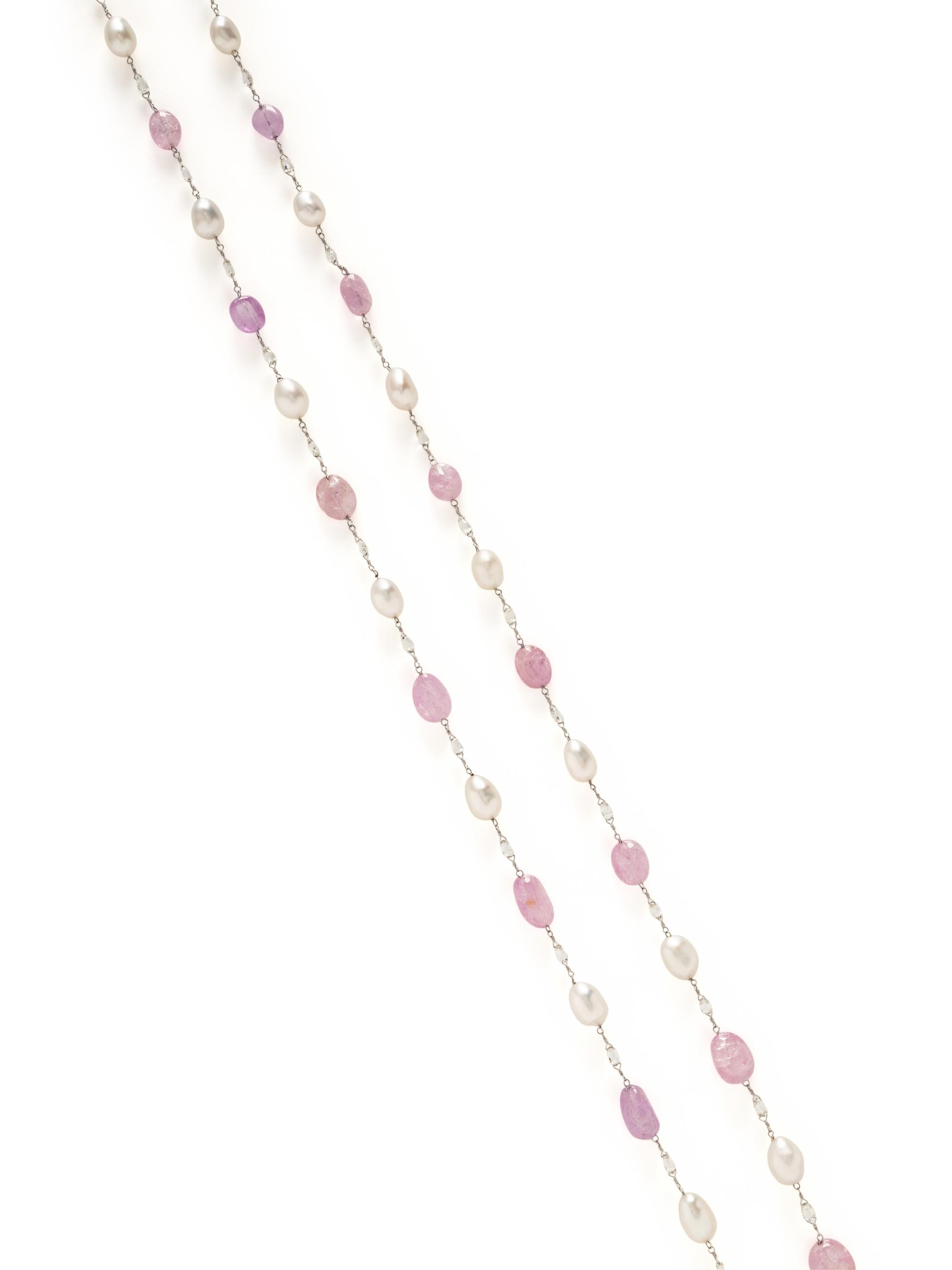 CULTURED PEARL, PINK SAPPHIRE, AND DIAMOND NECKLACE
