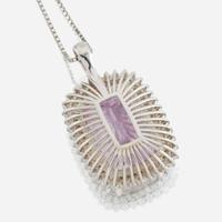 A kunzite, diamond, and white gold pendant