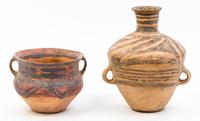 A Group of Six Neolithic Style Pottery Vessels Height of tallest 10 1/4 inches.