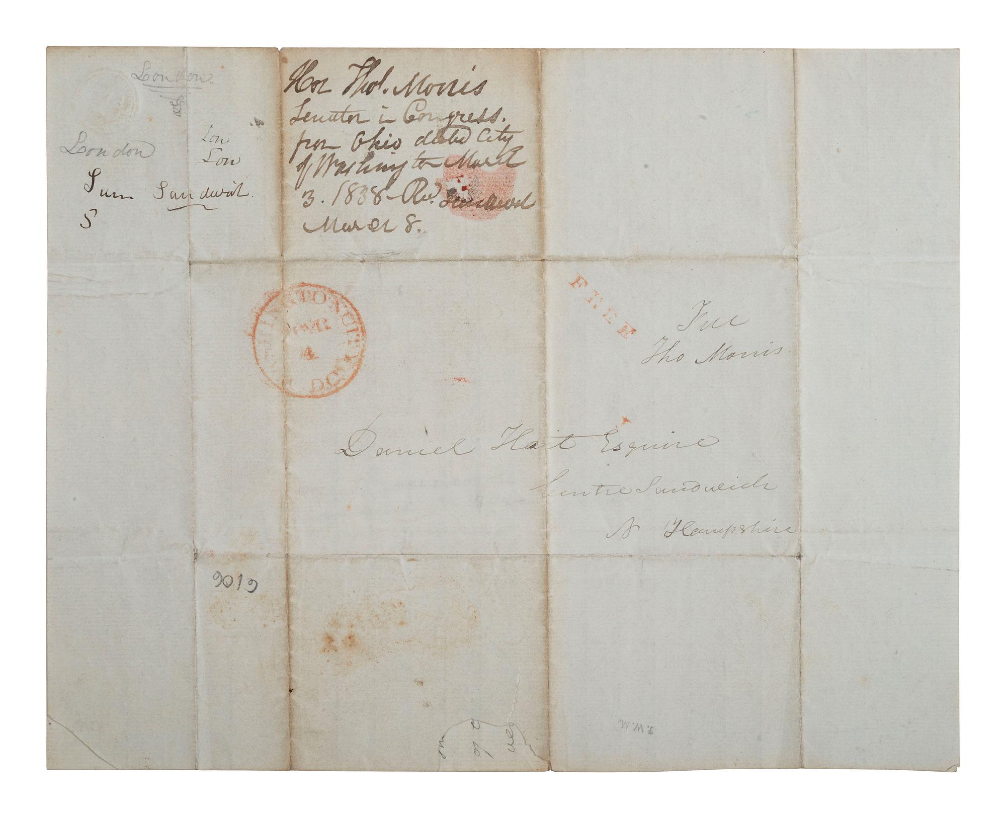 [SLAVERY & ABOLITION]. MORRIS, Thomas (1776-1844). Autograph letter signed ("Tho Morris"). Washington, 3 March 1838. Regarding slavery and "doctrine of Mr. Calhoun's resolutions".