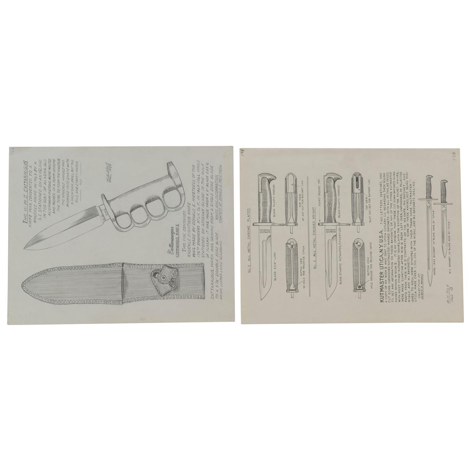M.H. Cole Fighting Knife Archive with Two Cole Made Knives & Scabbards, Original Book Manuscript Drawings From Volumes III and IV as well as Additional Pre-Publication Paperwork