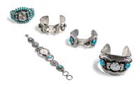 Five Southwestern Watch Bracelets Length of largest 5 1/2 x opening 1 x width 2 inches