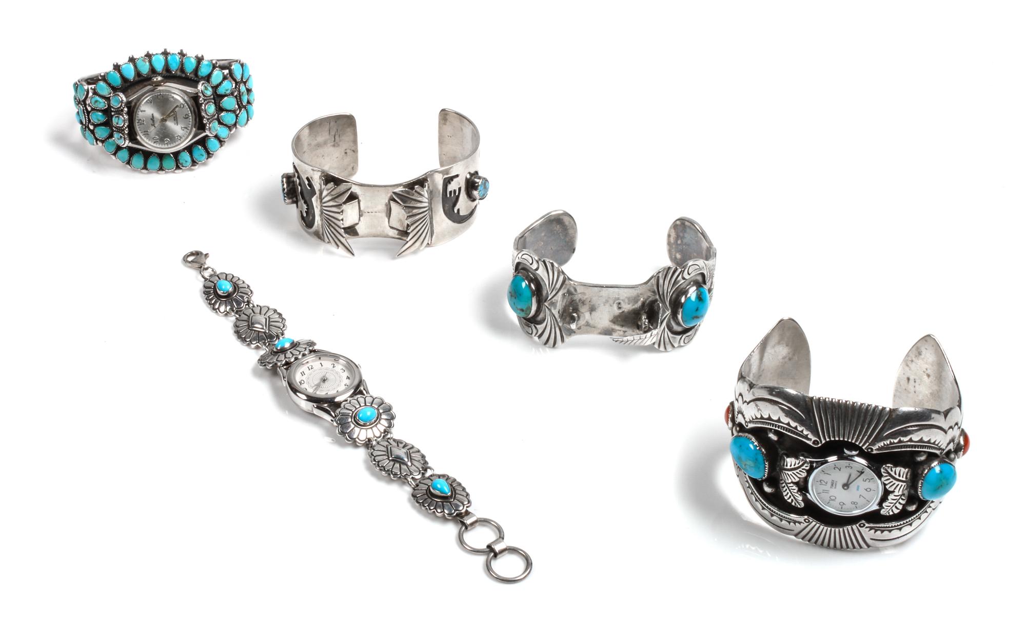 Five Southwestern Watch Bracelets Length of largest 5 1/2 x opening 1 x width 2 inches