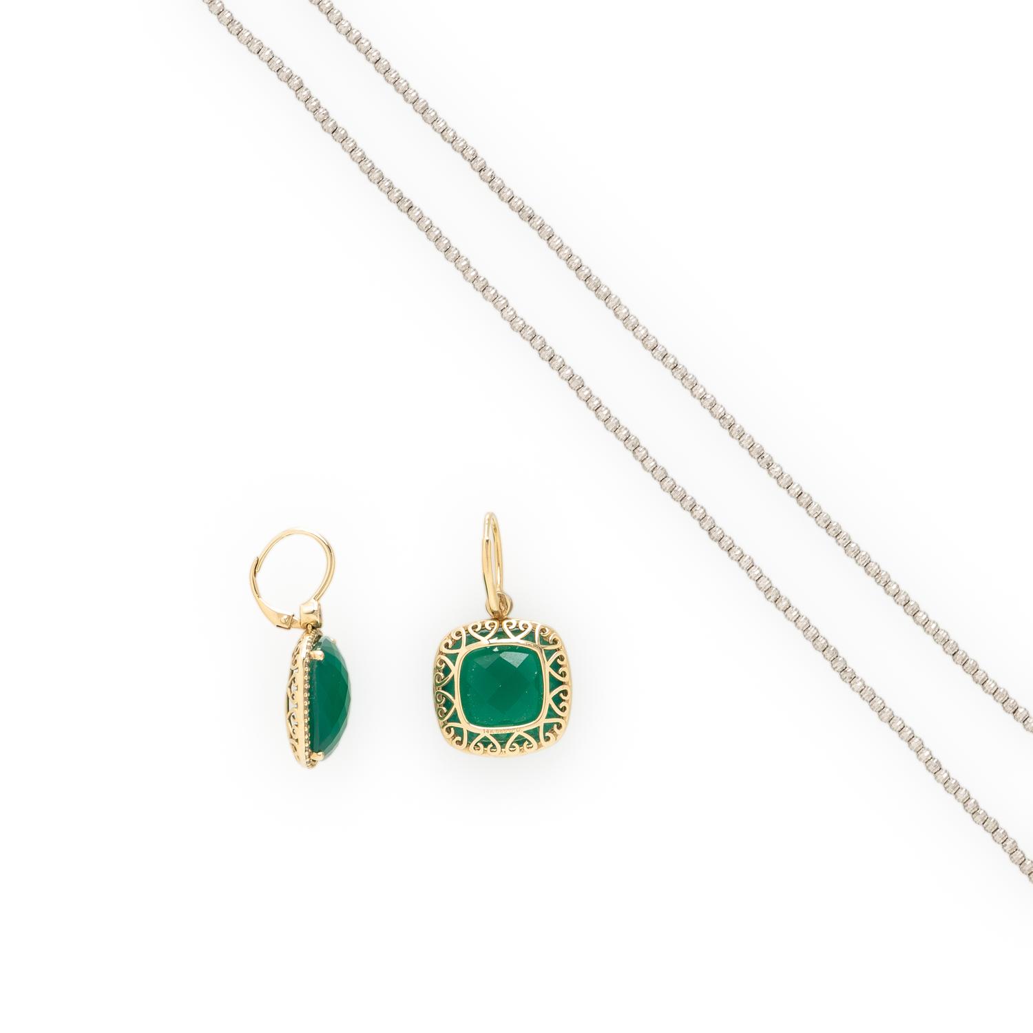 WHITE GOLD BEAD NECKLACE AND GREEN CHALCEDONY EARRINGS