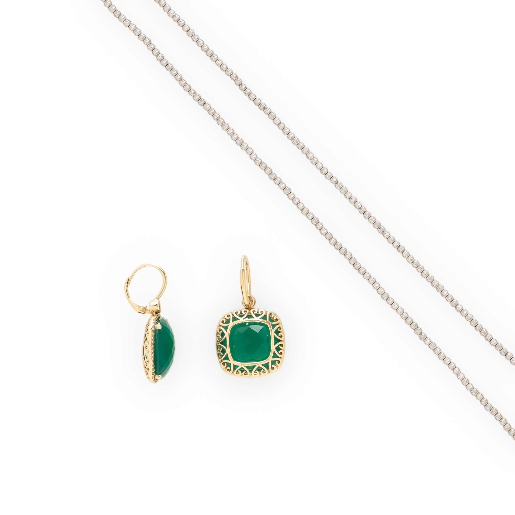 WHITE GOLD BEAD NECKLACE AND GREEN CHALCEDONY EARRINGS