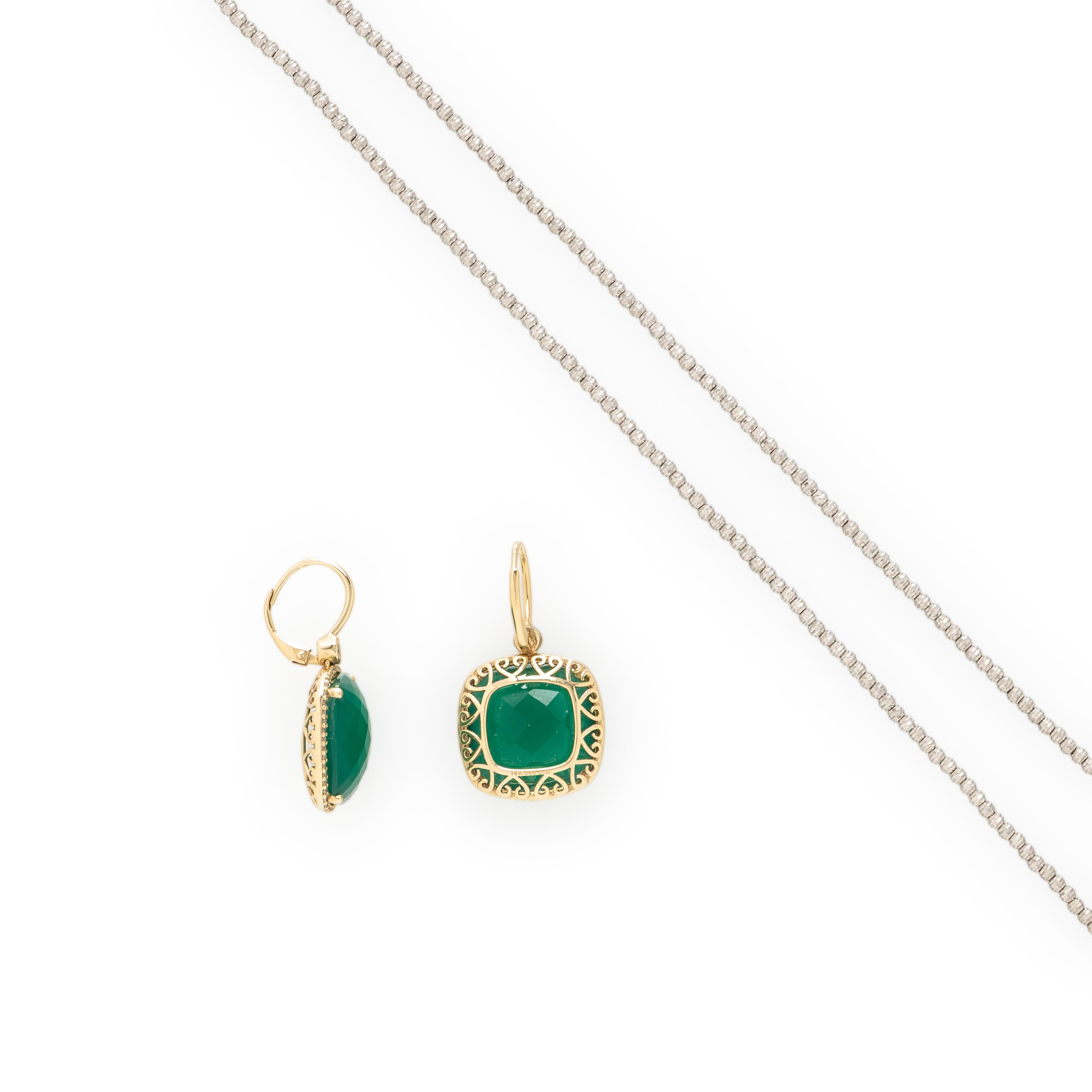 WHITE GOLD BEAD NECKLACE AND GREEN CHALCEDONY EARRINGS