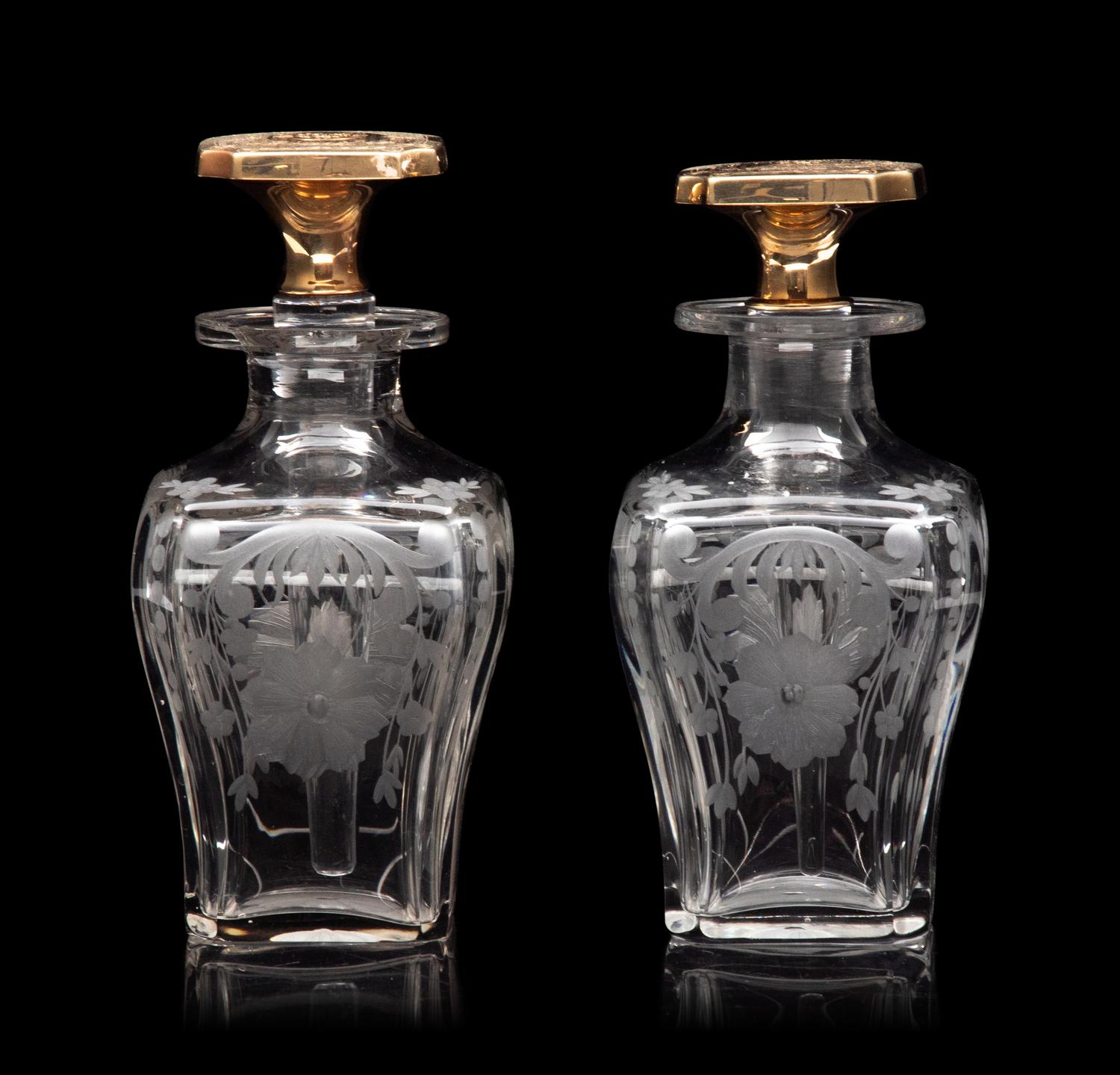 Two American 14-Karat Gold Mounted Cut Glass Toiletry Bottles
