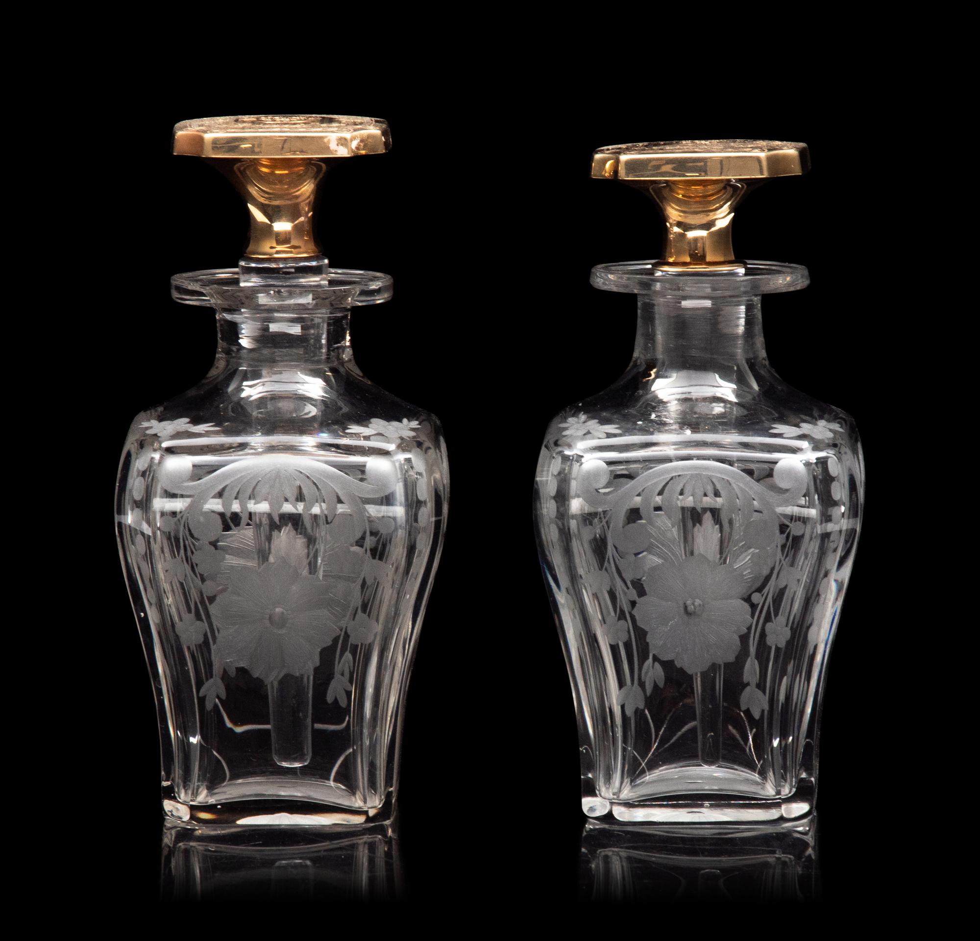 Two American 14-Karat Gold Mounted Cut Glass Toiletry Bottles