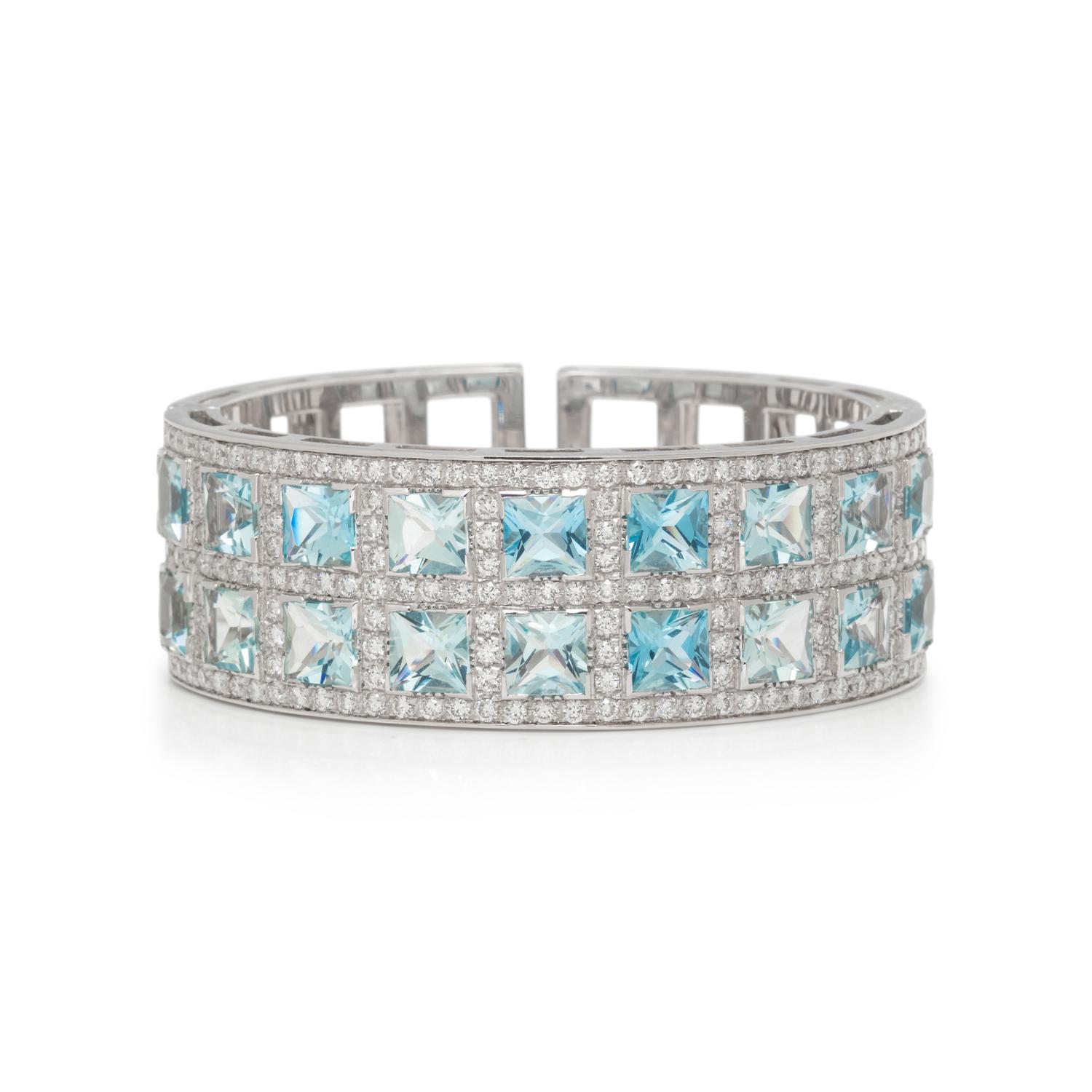 WHITE GOLD, AQUAMARINE, AND DIAMOND CUFF BRACELET