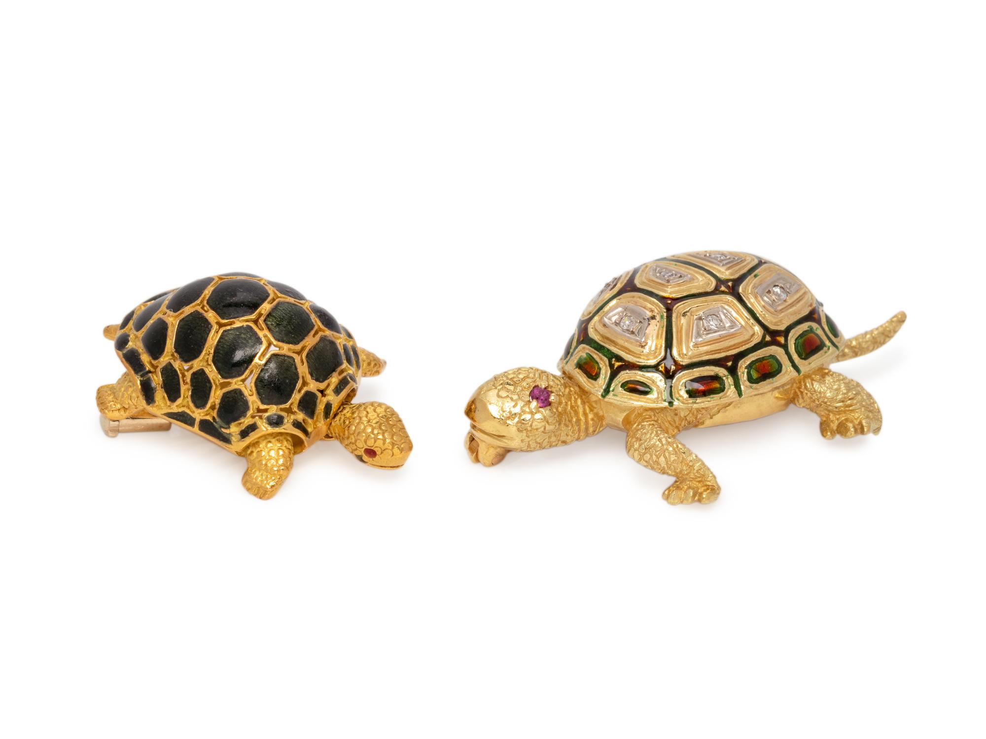 COLLECTION OF YELLOW GOLD AND ENAMEL TURTLE BROOCHES