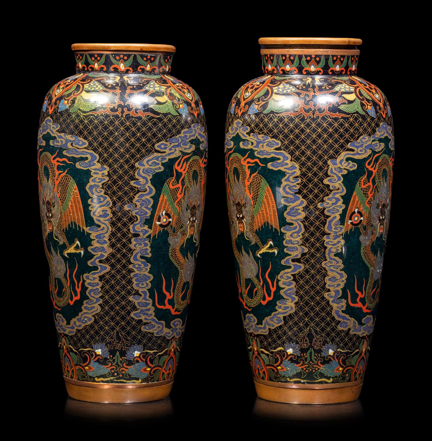 Two Pairs of Japanese Cloisonné Enamel 'Dragon' Vases