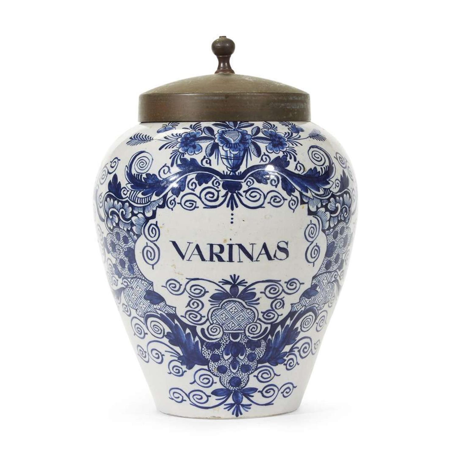 Dutch Delft "Varinas" tobacco jar and three Delft Chargers 18th century