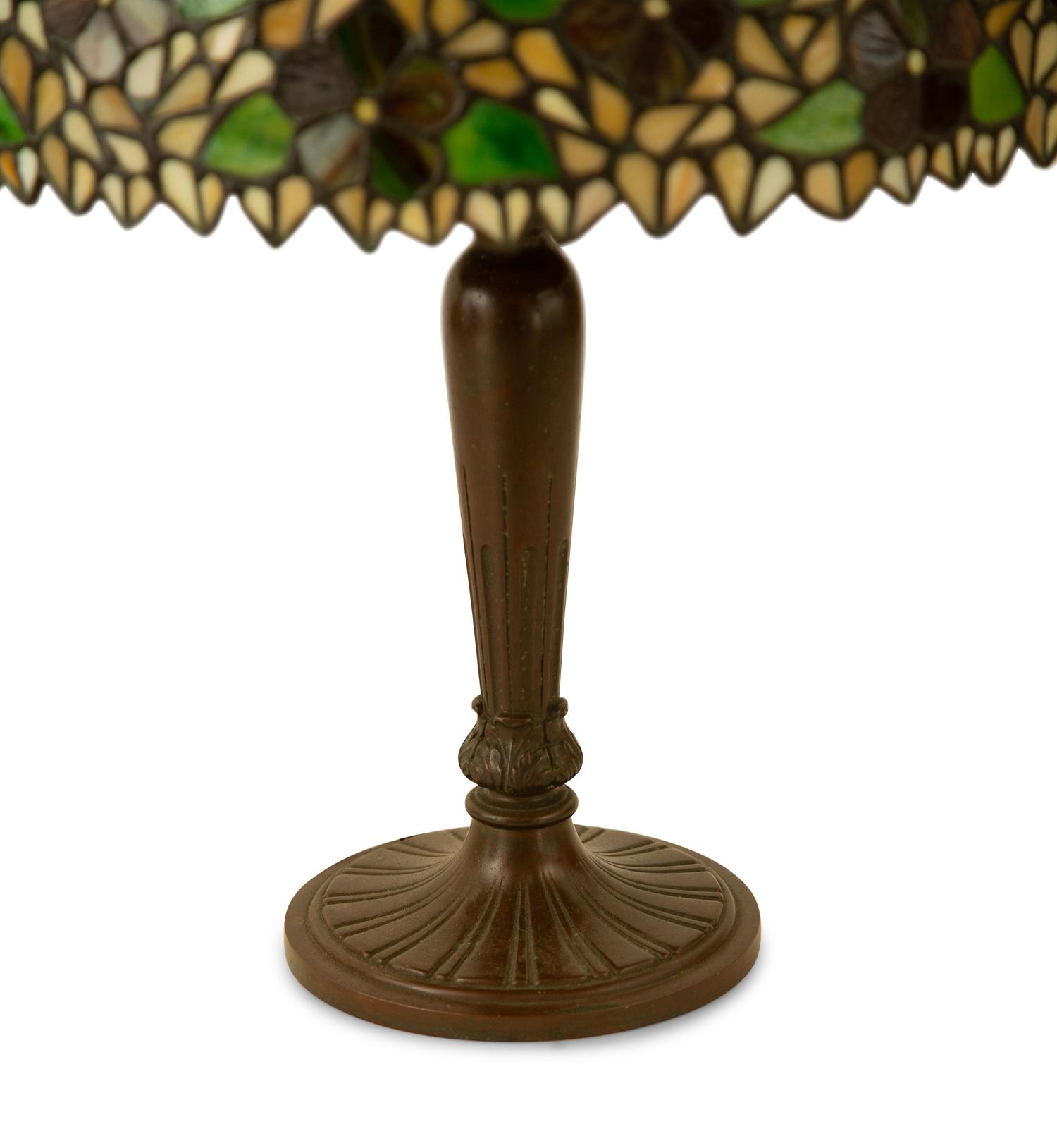 An American Leaded Glass and Patinated Metal Table Lamp