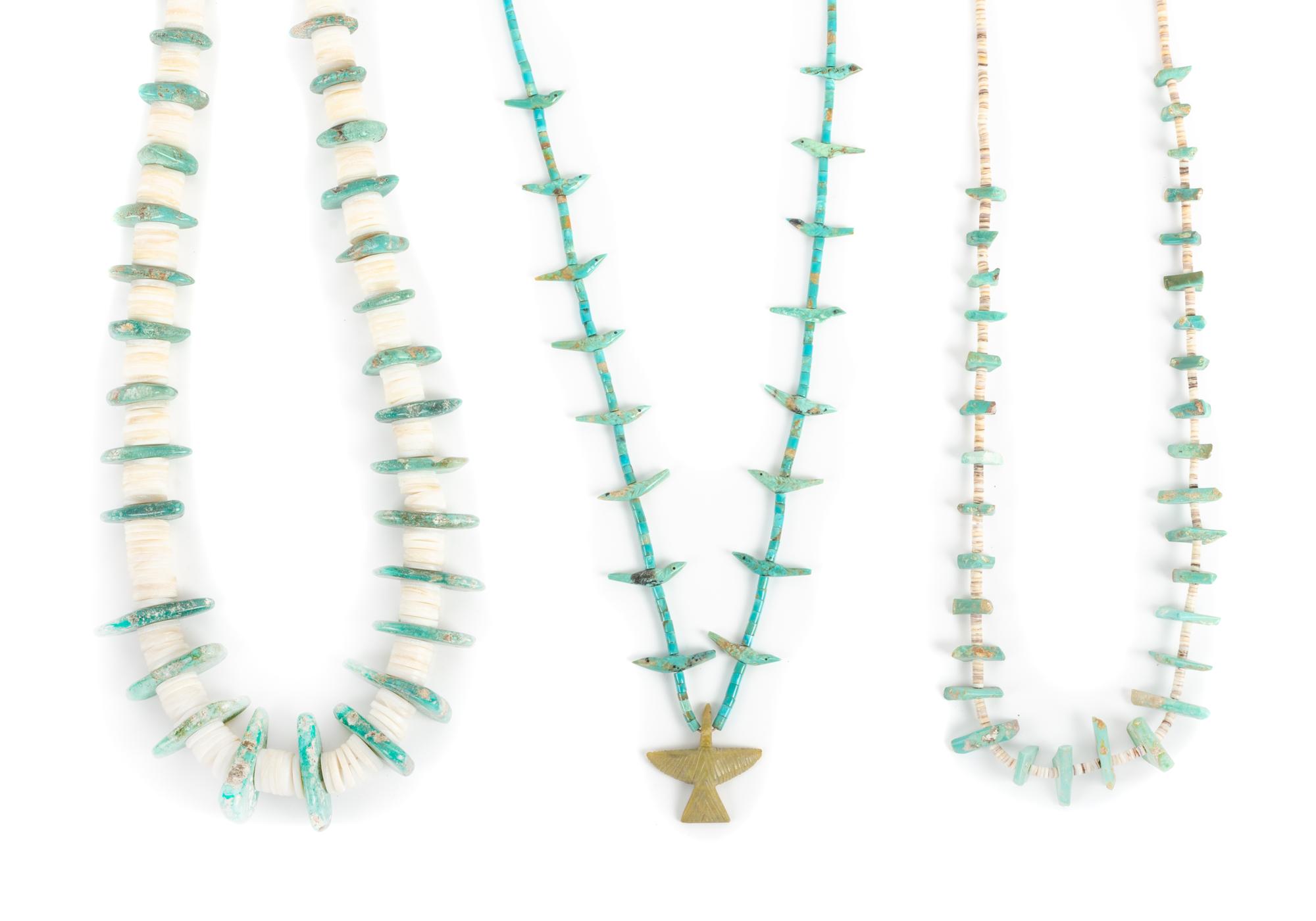 Three Southwestern Turquoise and Shell Necklaces Length of largest 26 inches