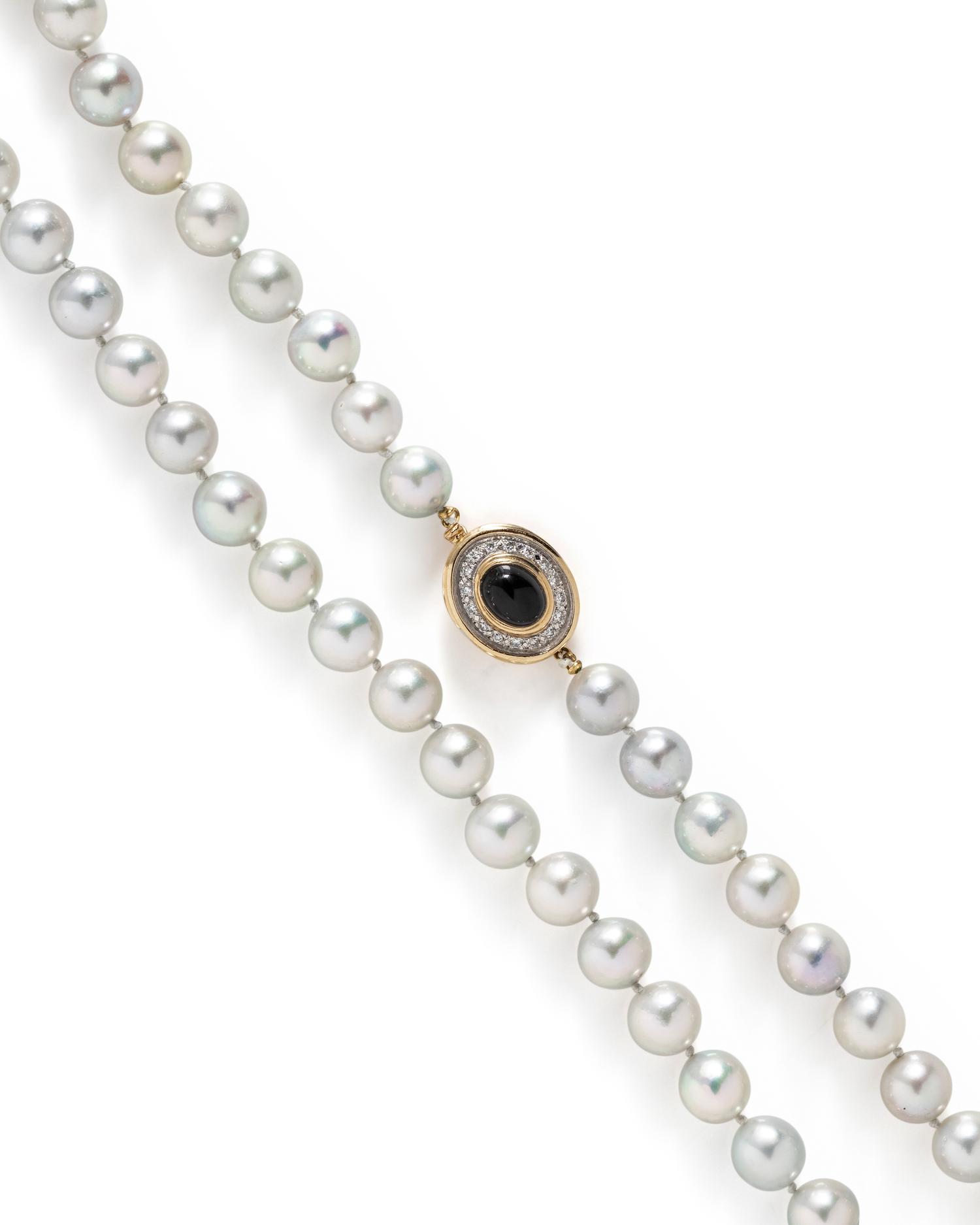 CULTURED PEARL, ONYX AND DIAMOND NECKLACE