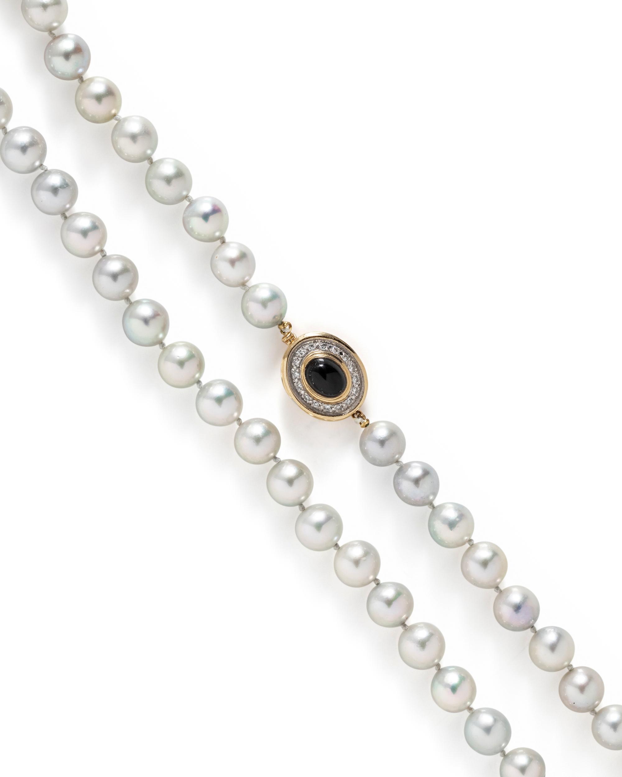 CULTURED PEARL, ONYX AND DIAMOND NECKLACE