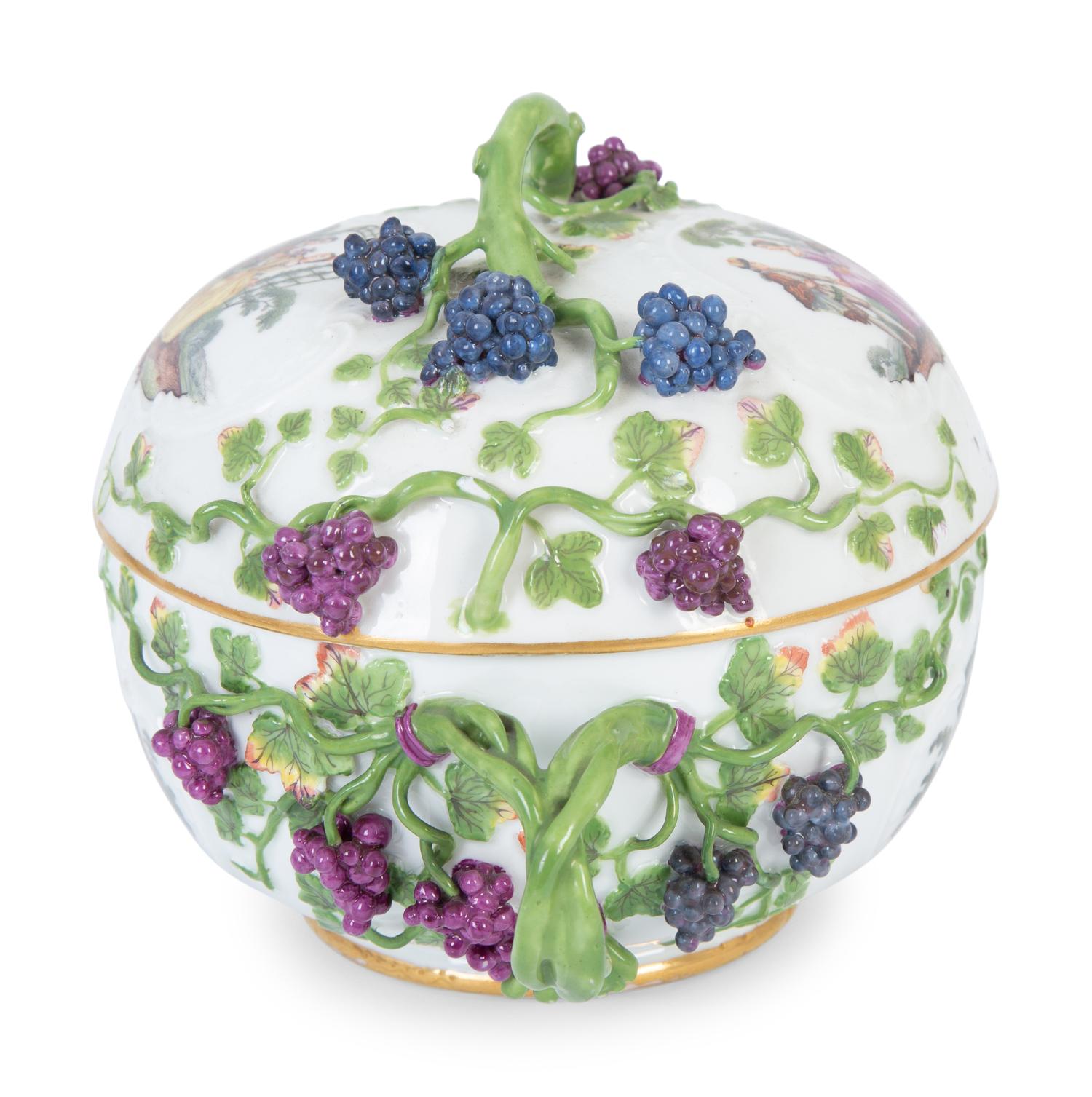 A Meissen Porcelain Lidded Bowl and Undertray with Applied Grape Clusters — 19TH CENTURY