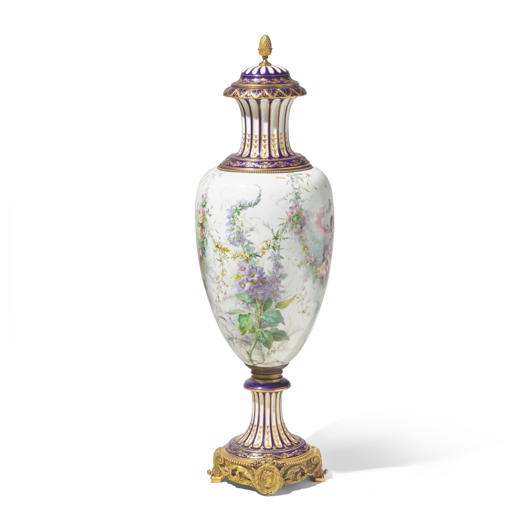 A Large Sévres White-Ground Porcelain and Gilt Bronze Mounted Urn