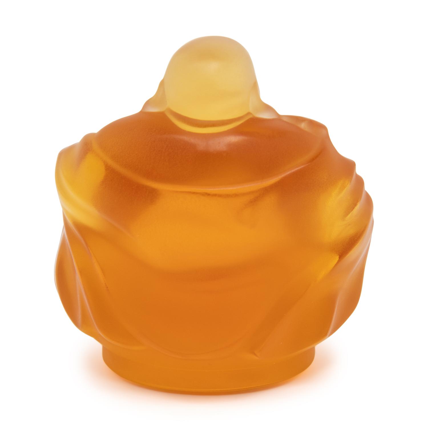 A Lalique Amber Glass Happy Buddha Figure