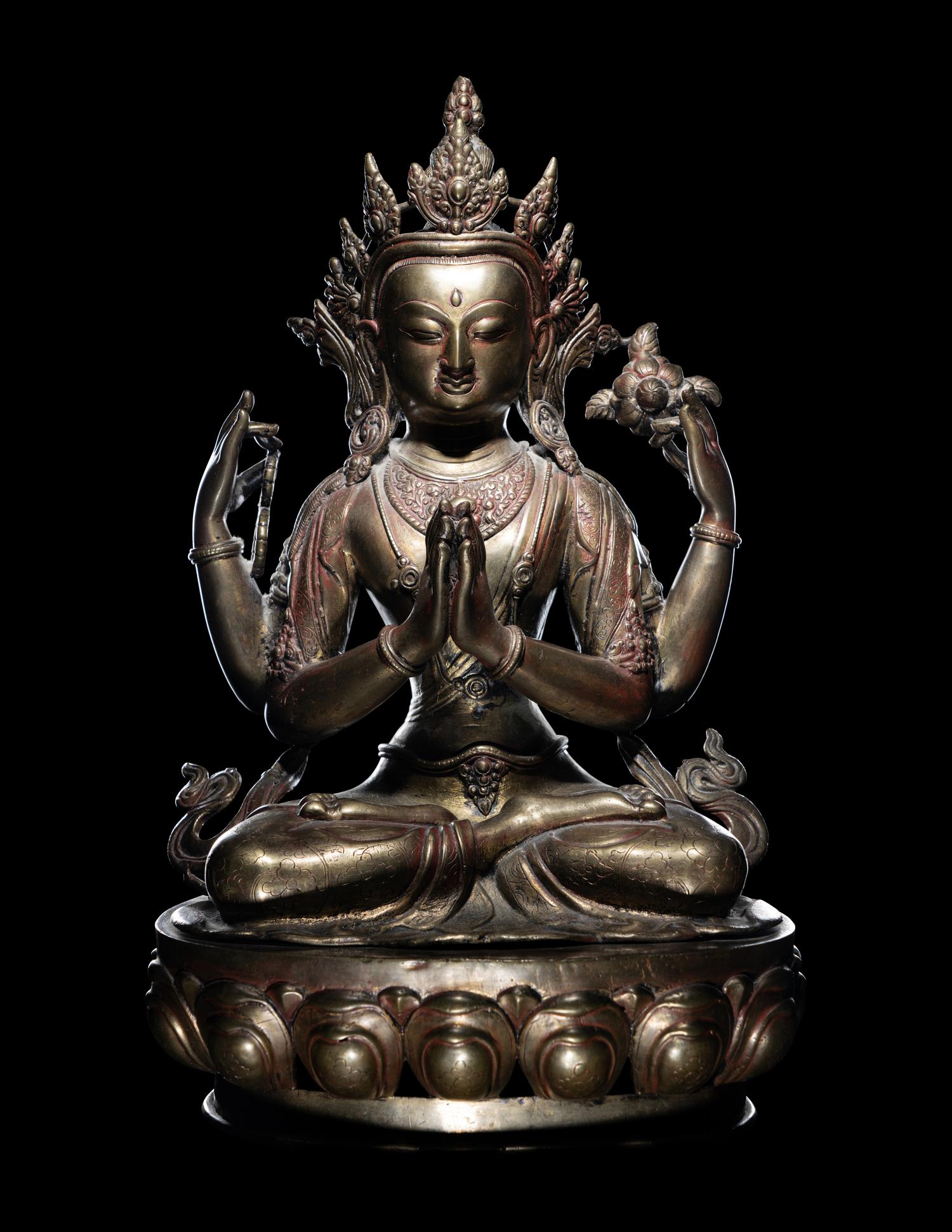 A Large Tibetan Gilt Bronze Figure of Shadakshari Lokeshvara
