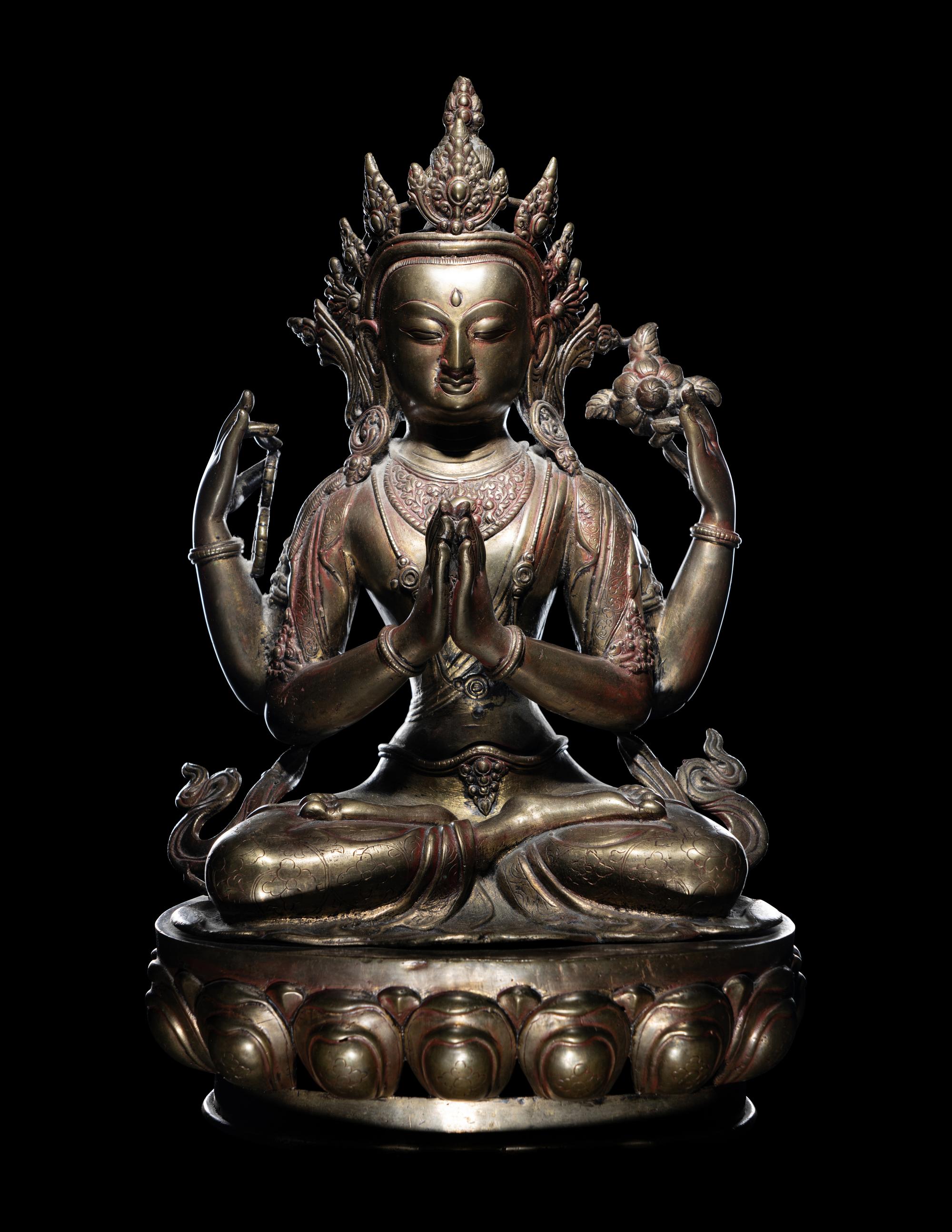 A Large Tibetan Gilt Bronze Figure of Shadakshari Lokeshvara