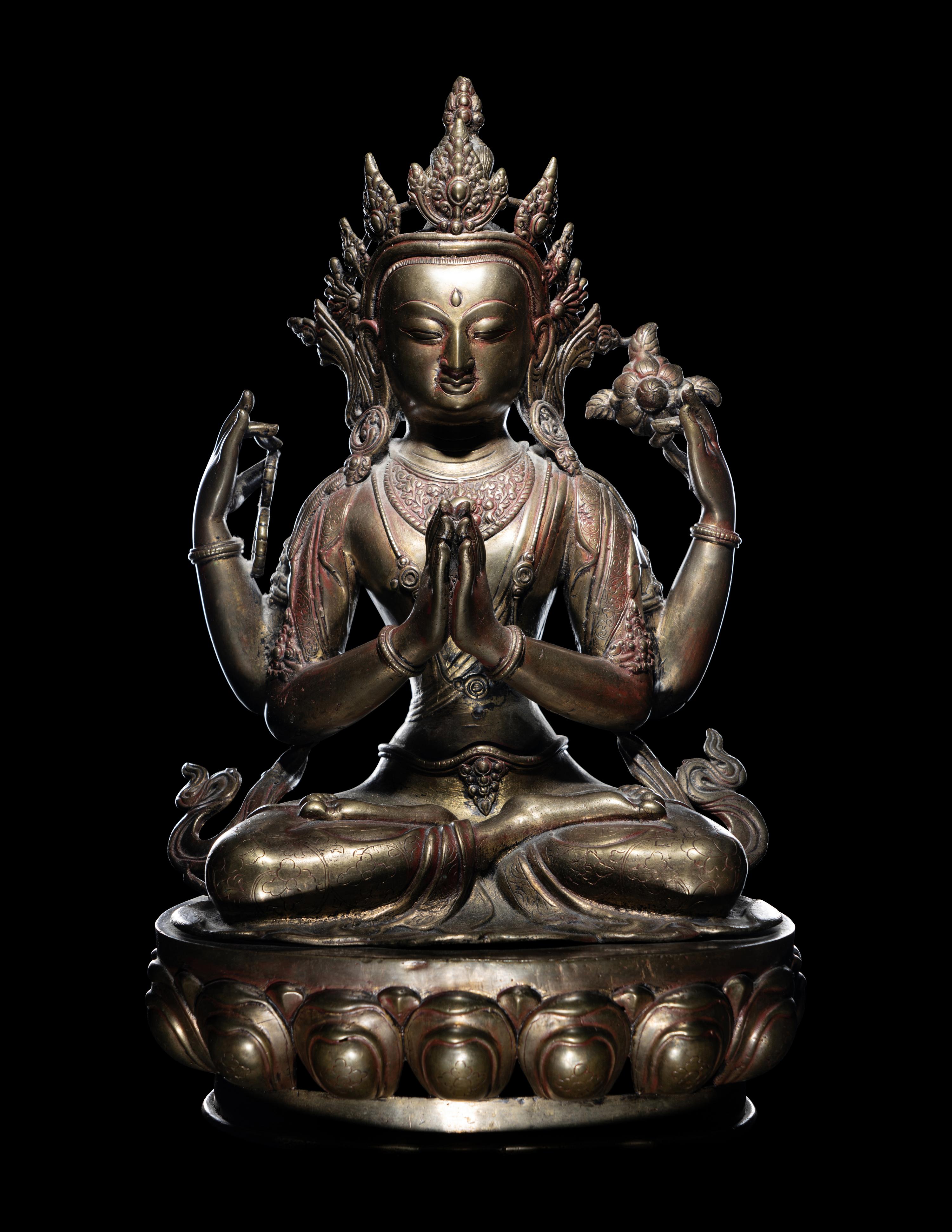 A Large Tibetan Gilt Bronze Figure of Shadakshari Lokeshvara