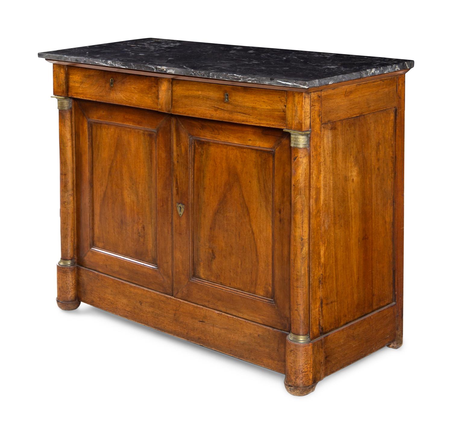 An Empire Gilt Metal Mounted Walnut Marble-Top Cabinet