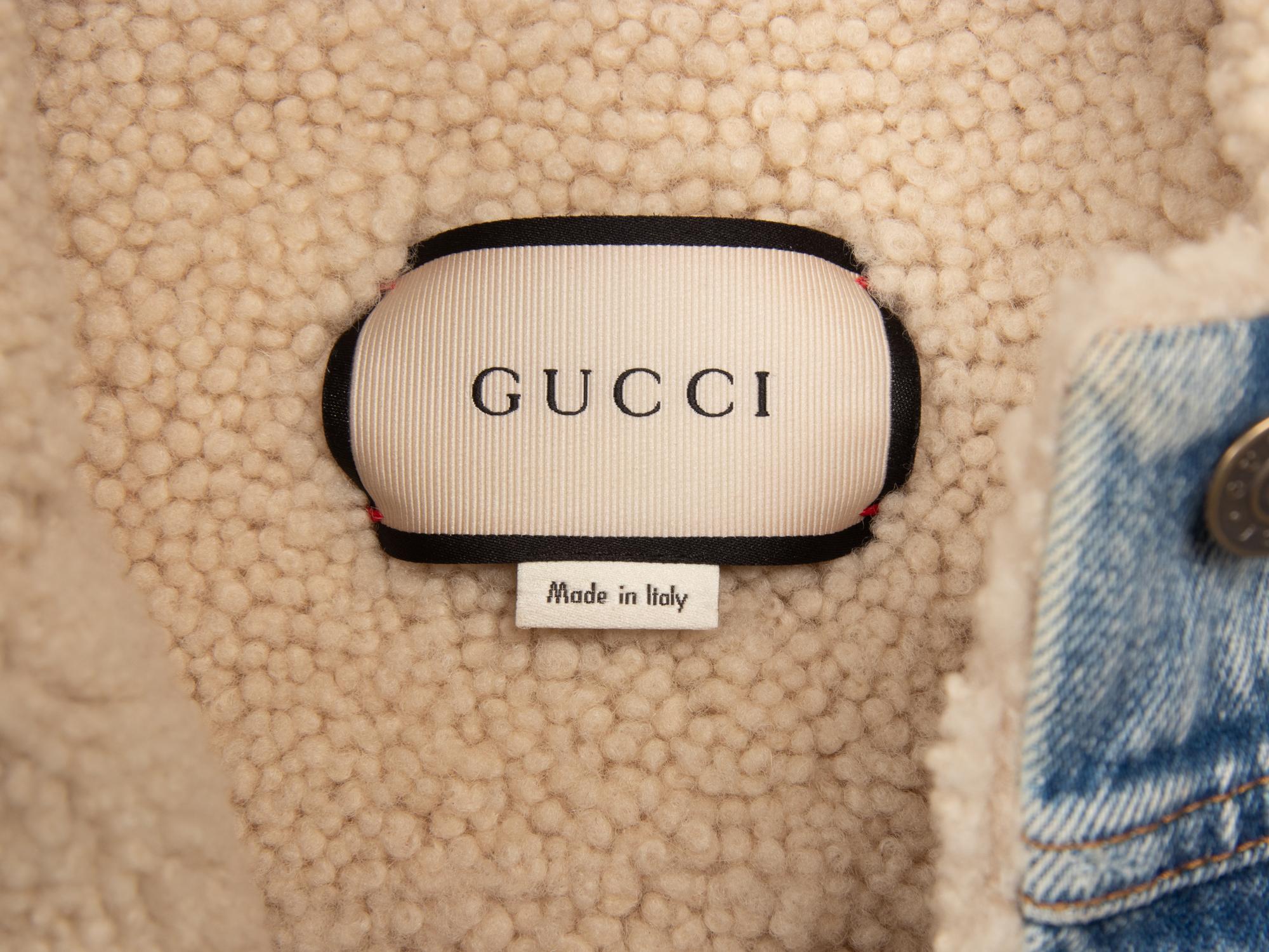 GUCCI, EMBROIDERED SHEARLING-DENIM JACKET