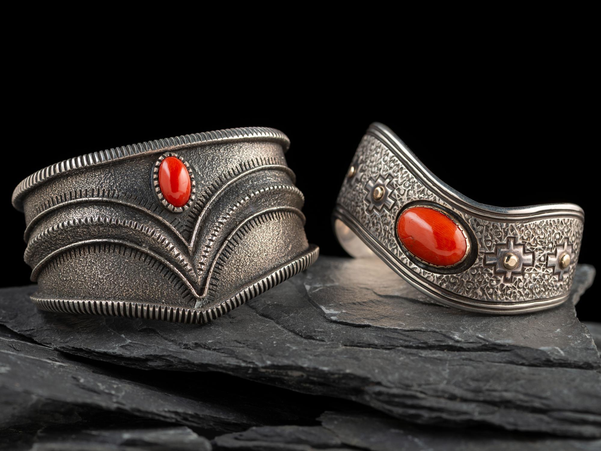 Navajo Silver and Coral Cuff Bracelets