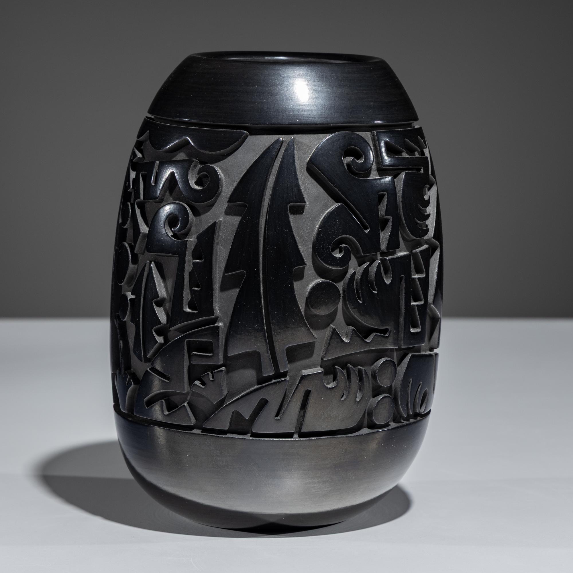 Carved Figural Blackware Pottery Vase November 1994