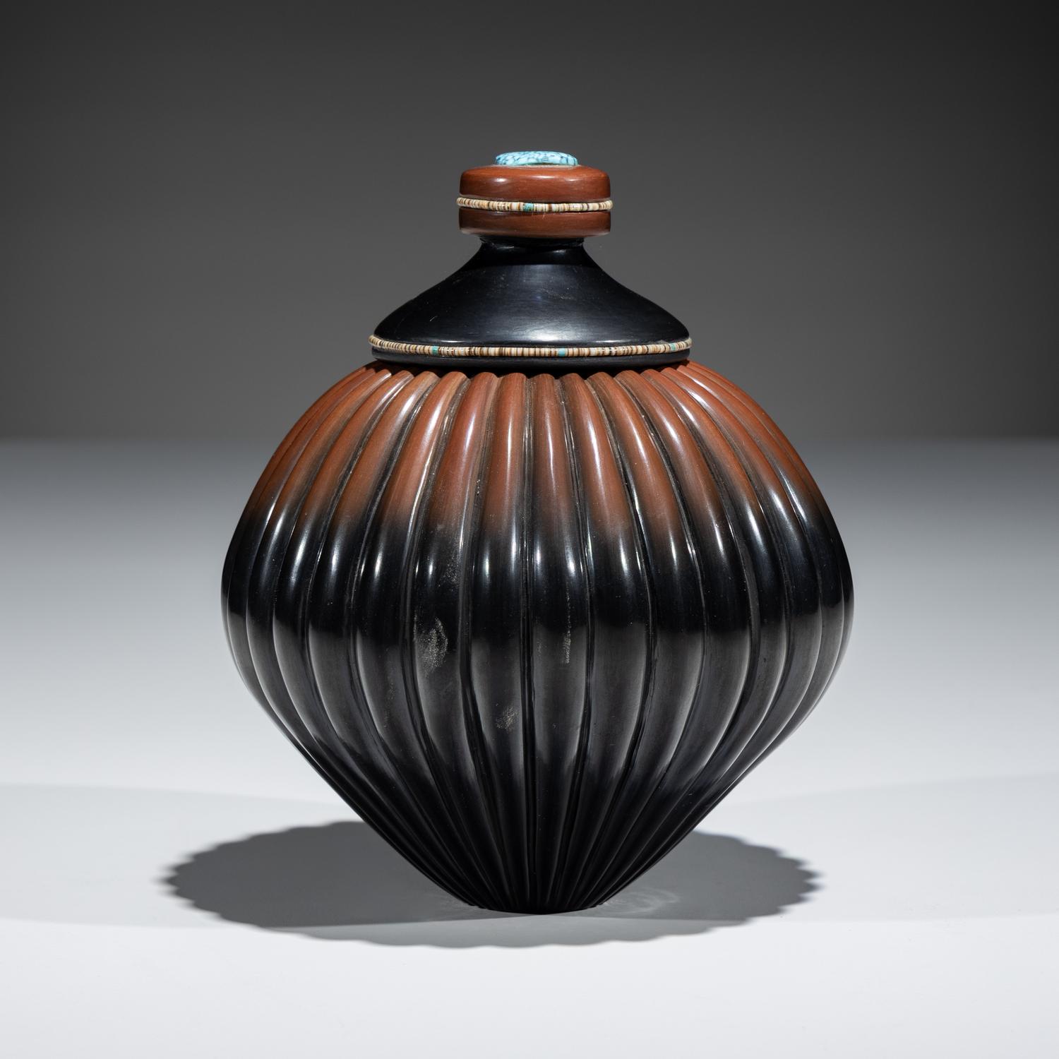 Black and Sienna Melon Jar, with Heishi and Turquoise Cabochon
